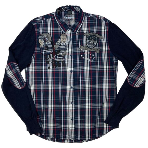 Desigual Button Front Shirt L Blue Plaid Knit Long Sleeve Elbow Patch Graphics - Picture 11 of 11